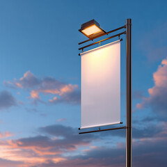 Blank vertical banner hanging from a street lamp at sunset