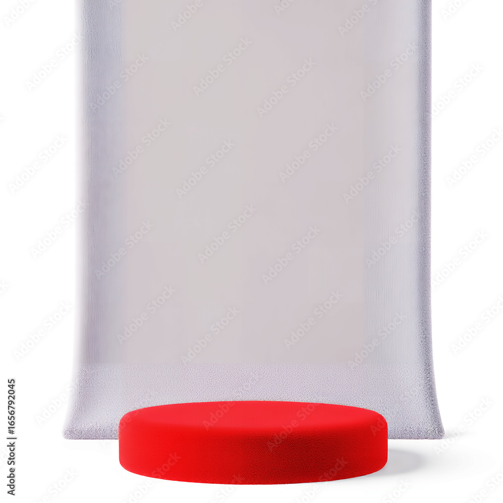 Aufkleber a vibrant red circular platform positioned in front of a plain white backdrop for product display
