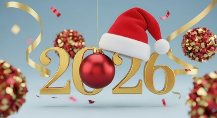 Golden 2026 numbers with santa hat and festive christmas ornaments and confetti