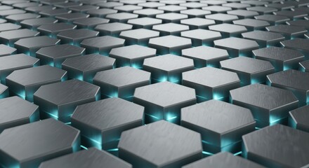 Fototapeta premium Futuristic Metallic Hexagon Grid Background with Glowing Blue Light and Abstract Geometric Pattern