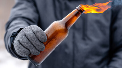 Flame bottle in icy outdoors. A person holds a burning bottle while dressed in warm clothing, surrounded by a snowy environment.