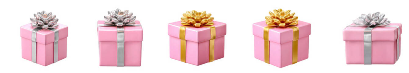 Obraz premium Four pixelated pink gift boxes with gold and silver ribbons