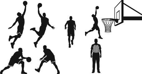 Silhouette of male basketball players jumping, dribbling, dunking, running, referee standing, basketball hoop isolated on white background vector.