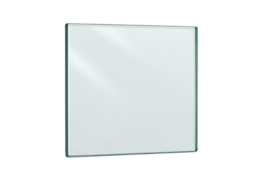 A clear rectangular glass pane with a slightly wavy edge isolated on transparent background