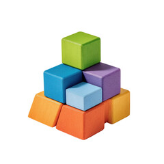 Obraz premium Colorful wooden blocks stacked in a pyramid shape. Different hues of blocks form a geometric structure. A vibrant, child-friendly design