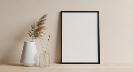 Minimalist modern interior scene featuring a blank vertical frame, elegant vase with dried reeds, and a glass bottle on a wooden shelf