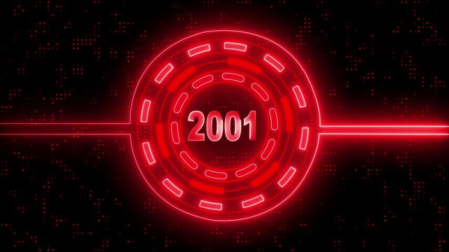 2001 text with screen effects of technological failures. Digital Futuristic Background with Glowing Year 2001.