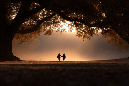love in later years, old couple strolling hand in hand in autumn park, bathed in warm sunset glow
