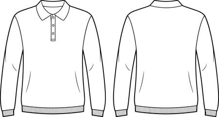 Front view, back view, long sleeve polo shirt, collar, button placket, ribbed cuffs, ribbed hem, casual wear, fashion clothing, template design