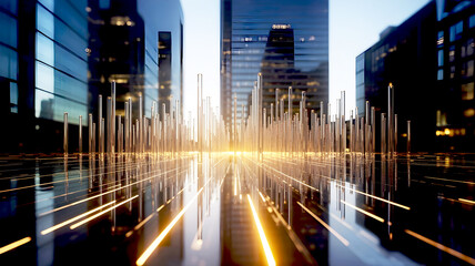 Modern cityscape with abstract glass pillars and reflective surfaces at sunset