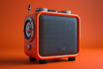 An orange retro radio with antenna on an orange background