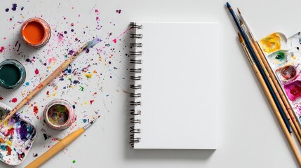 Artistic workspace with blank notepad, paintbrushes, and colorful paint splatters on a white surface