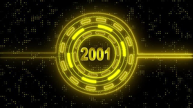 2001 text with screen effects of technological failures. Digital Futuristic Background with Glowing Year 2001.