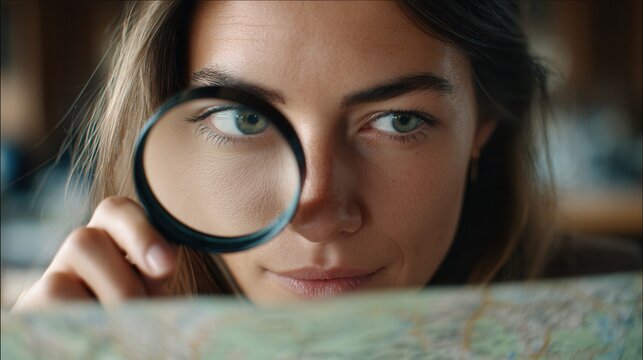 A young woman closely examines a map using a magnifying glass, showcasing curiosity and exploration in a cozy indoor setting.