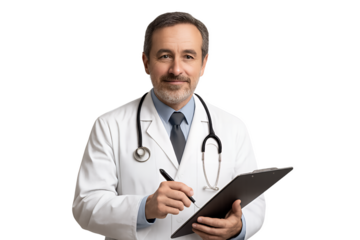 smiling doctor with clipboard