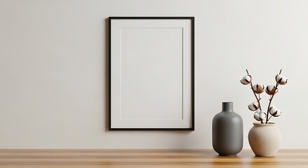 Minimalist interior mockup with empty black frame and cotton branches in vases on wooden table