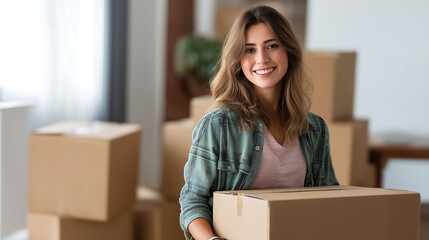 Happy young female holding cardboard box on moving day at new home. Relocation moving day, New home, First real estate property concept

