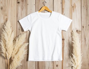 White kids T-shirt Autumn fall mock up on a wooden background with pumpkins