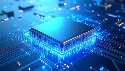 A central processing unit (CPU) sits atop a complex circuit board, illuminated with vibrant blue light.