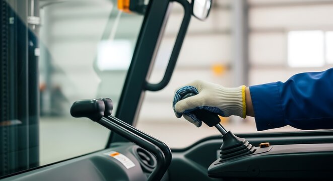 Forklift Operator Hand on Lever Inside Vehicle Cabin, Industrial Setting