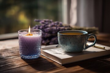 Cozy autumnal scene with candle and tea