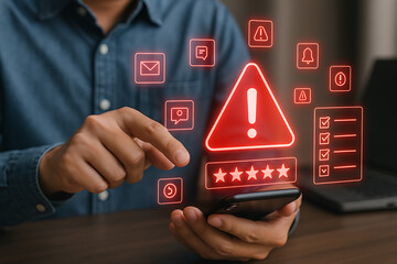 Artificial intelligence system error and cybersecurity risk warning with digital alert notification and online problem detection