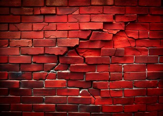 Close up of a weathered damaged red brick wall with visible cracks and texture