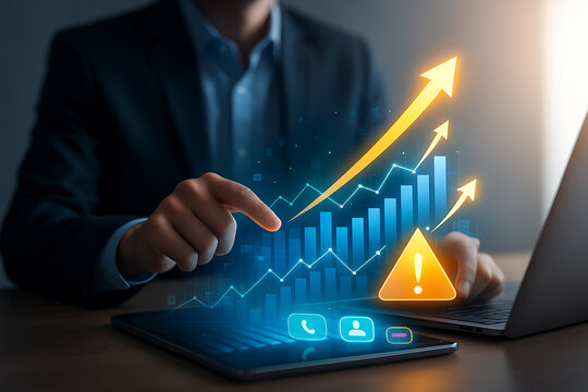 Business growth chart with digital analytics, financial risk warning, and data security concept on virtual tablet device