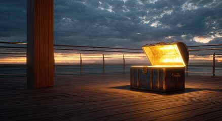 Open treasure chest on a deck at sunset over the sea