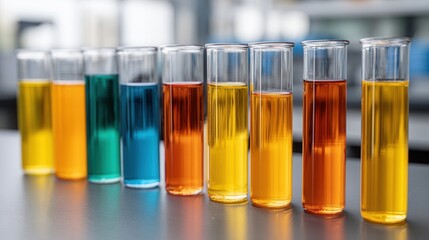 A row of test tubes filled with various colored liquids in a laboratory. The image conveys a scientific and experimental mood.