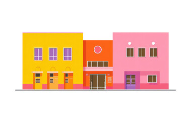 Colorful row of shops, brightly colored buildings,  simplified design