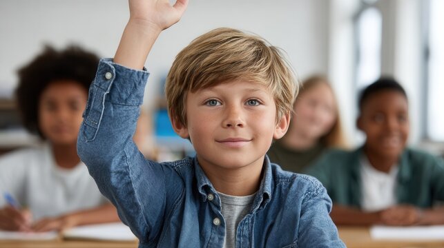A young boy with blonde hair raises his hand in a classroom filled with students. The atmosphere is engaged and focused, ideal for educational themes.