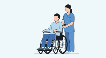 Fototapeta premium Compassionate Healthcare Environment Depicted in Detailed Vector Illustration of Nurse Assisting Patient in Wheelchair, Symbolizing Support and Care in Medical Context for Health and Wellness