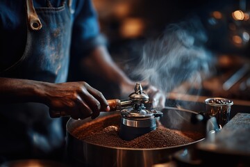 Barista&rsquo;s hands using coffee grinder under warm light in artisanal cafe