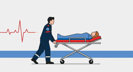 Obraz premium Emergency Medical Services Illustration Featuring Paramedic Transporting Patient on Stretcher with Vital Signs Display, Ideal for Healthcare Promotion, First Aid Training, and Medical Education