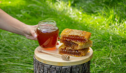 fresh honey on a background of garden and flowers. Selective focus