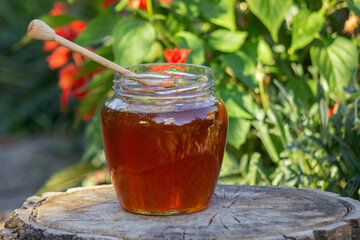 fresh honey on a background of garden and flowers. Selective focus