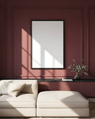 Modern living room with a large blank framed picture on a deep red wall and a comfortable sectional sofa