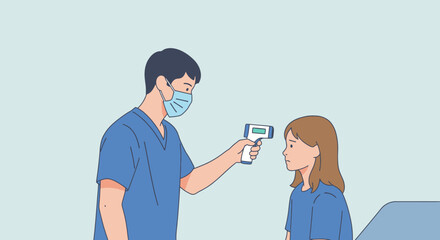 Healthcare Professional Using Infrared Thermometer to Check Temperature of Young Patient in Medical Setting, Emphasizing Safety Measures, Health Awareness, and Preventive Care for Children