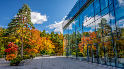 Obraz premium Modern glass building reflects vibrant autumn foliage with colorful trees in the background, showcasing the beauty of nature and architecture in harmony during fall season