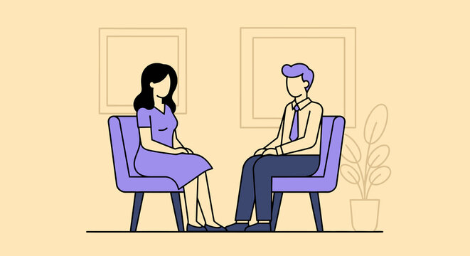 Professional Counseling Session Illustration: Engaging Scene of a Man and Woman in Conversation, Perfect for Mental Health Services, Therapy Marketing, and Informative Resources Related to Emotional