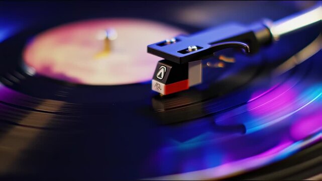 Close-up of Vinyl Record Player with Needle Spinning on a Black Vinyl Record Creating Music Vibe
