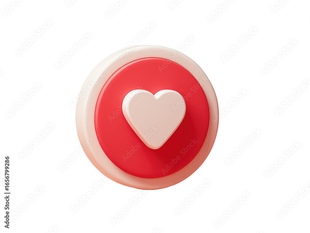 Aufkleber a 3d rendered heart button. a white heart icon sits centered in a red button, surrounded by a cream-