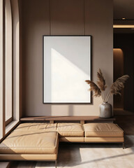 Modern living room with a blank square frame on a textured wall and a stylish sectional sofa bathed in sunlight