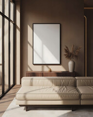 Modern living room with large window and empty framed artwork on a neutral wall