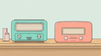 Fototapeta premium Two vintage radios on a wooden surface.