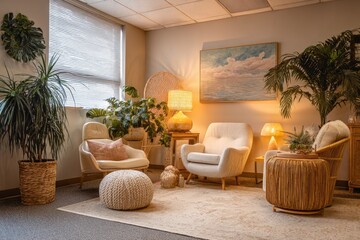 Cozy waiting room with warm lighting and plants