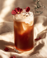 Cold brew cascara fizz with edible hibiscus petals