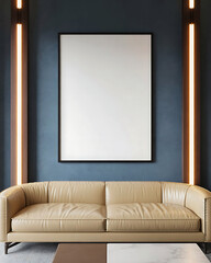 Modern living room with a comfortable beige sofa and a large blank canvas on a dark blue wall