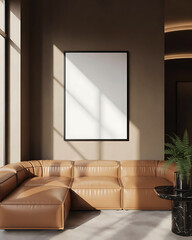 Modern living room with a large empty square frame on the wall bathed in warm sunlight